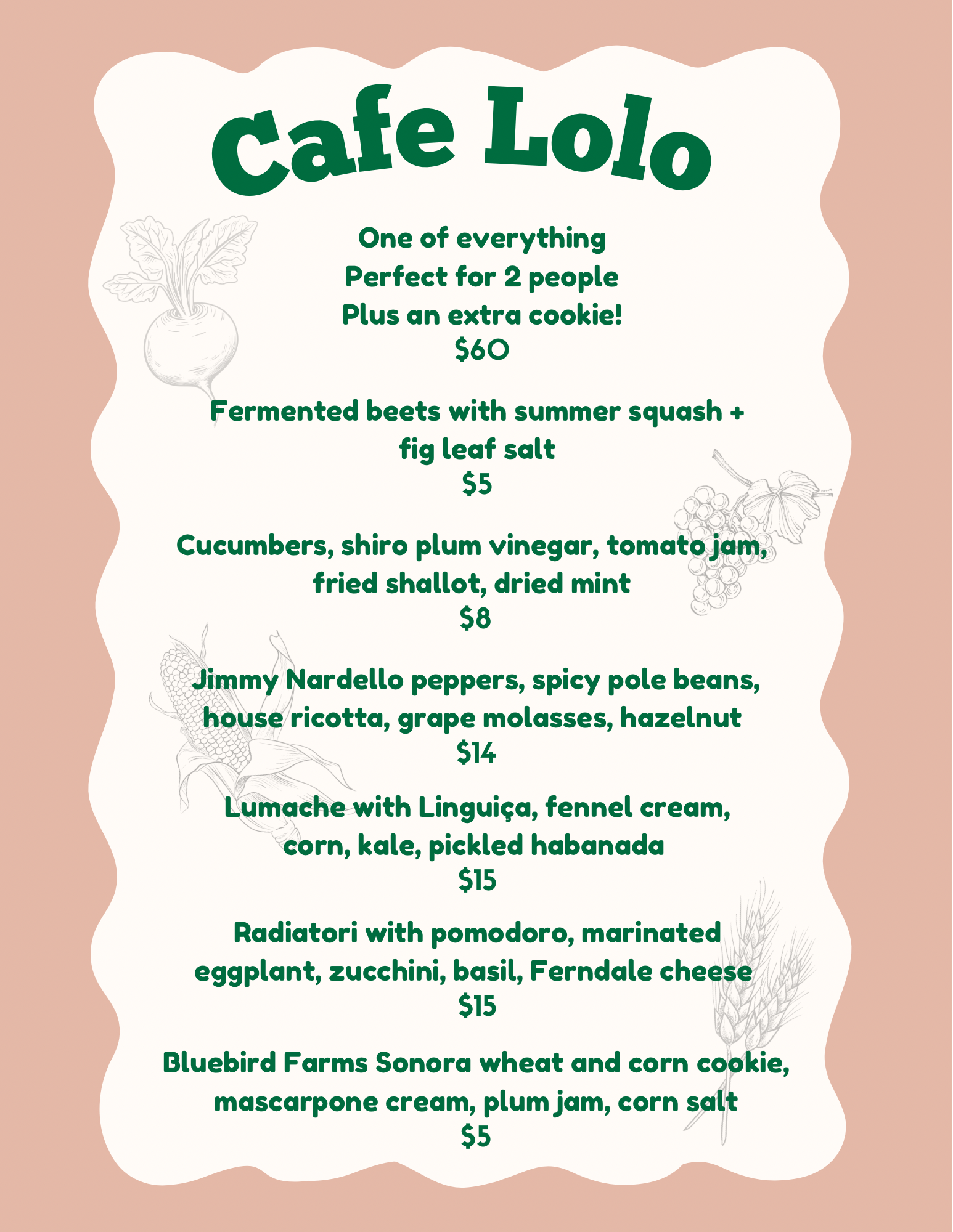 Cafe Lolo custom printed menu on yellow gingham background featuring seasonal pasta dishes and local ingredients for The Chef Sessions popup at Fair Isle Brewing